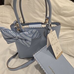 Stylish Light Blue Shoulder Bag with Striped Bow